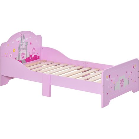 Kinderbett (3–6 Jahre) aus Holz mit erhöhtem Schutzgitter, 143 x 73 x 60 cm, rosa