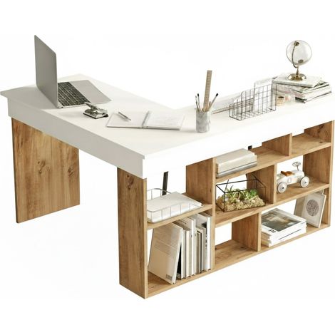 Dmora – Bureau droit 129x120x72 cm en mélaminé chêne et blanc – Style moderne pour petits espaces – Plan de travail spacieux et fonctionnel - 129x120h72