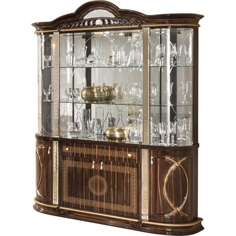 Vitrine 8 portes 1 tiroir bois vernis laqué brillant marron et doré Venus 163cm (1/2)