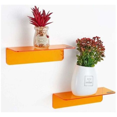 Étagère murale sans perçage, lot de 2, agrandissement facile de l'espace mural – Petite étagère murale autocollante en acrylique pour chambre, salle de bain, cuisine, avec serre-câbles (orange)