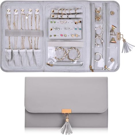 Organisateur de rouleau à bijoux, Sac à bijoux voyage cuir, rangement pliable bijoux portable bagues boucles d'oreilles collier (1/5)