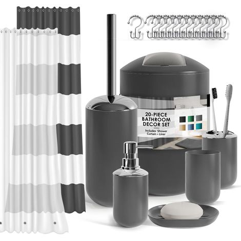 Ensemble d'accessoires de Salle de Bain Gris avec Rideau de Douche et Tapis, 20 pièces, Rideau de Douche avec Doublure, Distributeur de Savon, Porte-Savon, Porte-Brosse WC et Poubelle (1/5)
