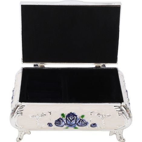 Vintage Jewelry Box Vintage Roses Embossed Design Zinc Alloy Soft Velvet Vibrant Colors Safe Glossy Small Jewelry BoxSilver White and Blue Roses (1/5)