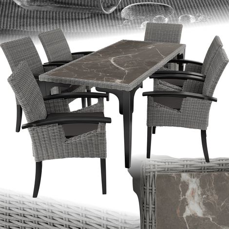 Tectake – Ensemble table et 6 chaises en rotin anti UV – Accoudoirs confortables – Table avec 2 plateaux en grès cérame – Pour usage extérieur (1/5)