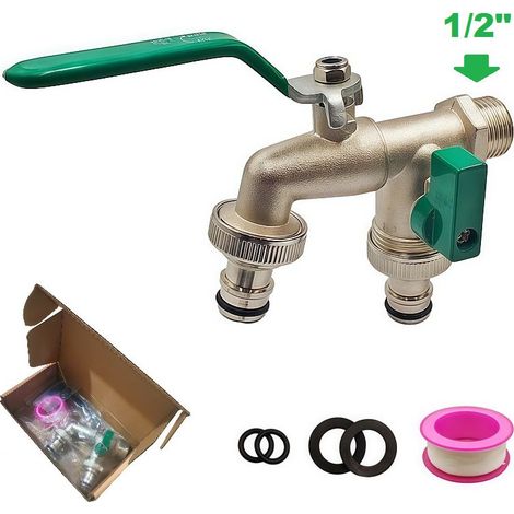 Robinet extérieur 1/2", double sortie 3/4, arrosage sphère, laiton qualité, jardin, machine à laver, baril de pluie (1/5)