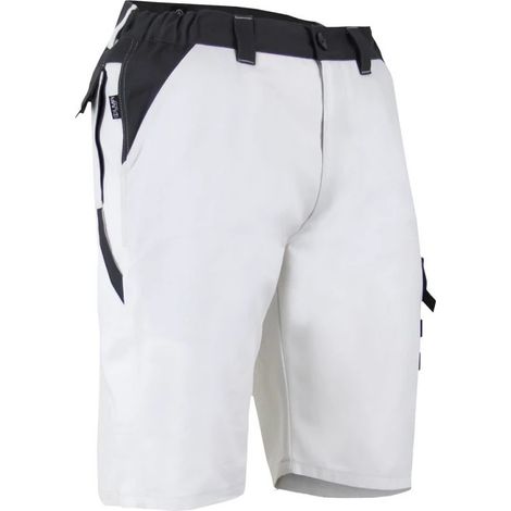 LMA – Bermuda de travail multipoches zéro métal taille 52 bicolore blanc/ gris – Confort ceinture élastiquée – Idéal pour environnements sensibles
