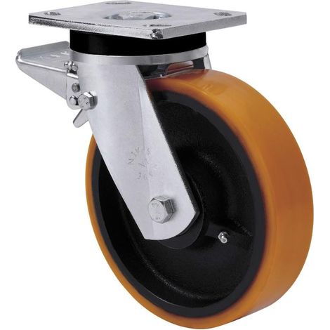 rueda giratora placa freno 10slrfd150-hub hierro-poliur.naranja eje bolas (1/3)