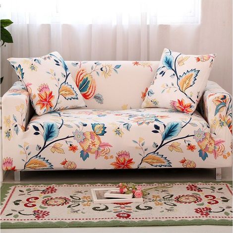 Stretch Sofa Covers Printed Sofa Cover Loveseat Slipcovers for 2 Cushion Sofas Universal Elastic Furniture Protector Cover (190-230cm for 3 Person Sofa, White Flower) (1/5)