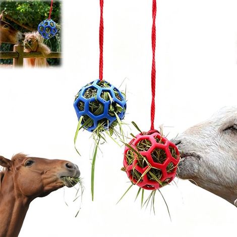 Lot de 2 boules de foin - Jouet pour chevaux - Boule de foin suspendue de 14,5 cm avec corde - Rouge et bleue - Jouet d'enrichissement contre l'ennui - Pour le foin et les carottes (bleu) (1/5)