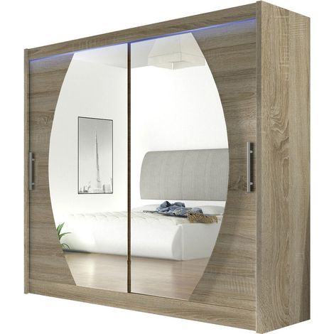 Mirjan24 – Armoire coulissante Sonoma chêne 215x180x58cm – 2 portes – 5 étagères – Éclairage LED – Fabriquée en Union Européenne