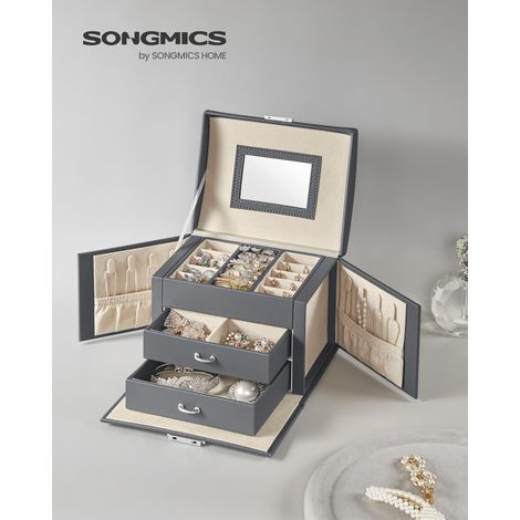 Coffret à Bijoux avec Miroir, 2 Tiroirs et Poignée, Boîte de Rangement pour Voyage, Accessoires, Gris (1/5)