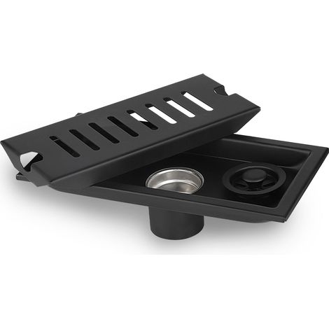 Siphon de Sol Rectangulaire, 20x10cm Grille Gouche Anti Cheveux, Noir Caniveau de Bonde Douche, Siphon de Sol Douche avec Double Filtre, Détachable Drainage Bouchon Douche Anti Odeur (Moyen) (1/5)