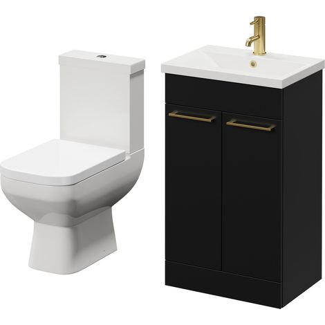 Turin Matt Black 500mm Floor Standing Vanity Unit and Toilet Suite with 1 Tap Hole Glide Basin and 2 Doors with Brushed Brass Handles (1/5)
