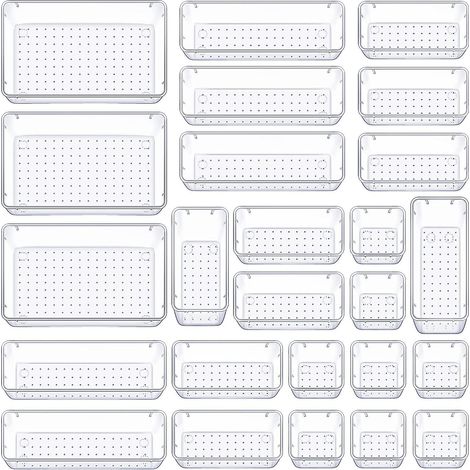 Packung mit 25 Schubladen-Organizern, durchsichtige Schubladenaufbewahrung aus Kunststoff, Aufbewahrungskörbe in 4 Größen für Badezimmer, Schminktisch, Küche und Büro