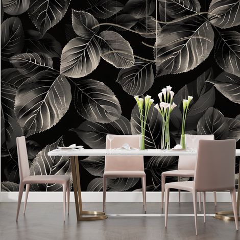 Papier Peint Feuillage - Feuilles Sombres Élégantes - 150 x 250 cm (1/2)