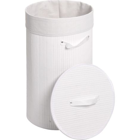 Cesto para ropa sucia HHG-116, Caja para ropa sucia Cubo para ropa sucia Cubo para ropa sucia, bambú redondo 59x35cm 50l, blanco