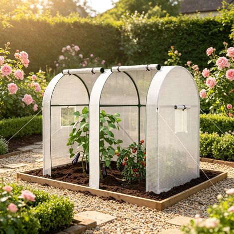 Serre double compartiment, bâche PE 135 g/m² anti-UV, cadre acier thermolaqué, 2 portes + 4 fenêtres, pour tomates et plantes, protège contre froid pluie insectes oiseaux, pour jardin (1/5)