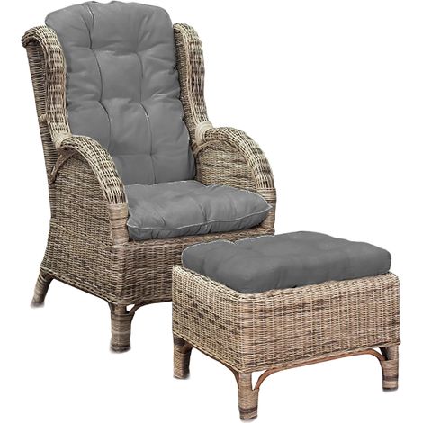 Rattan Ohrensessel mit Fußhocker Grau-MRS01-graues Polster