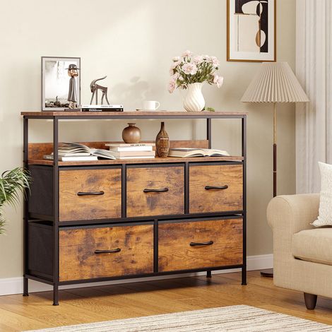 Kommode mit TV-Aufsatz, 5 Stoffschubladen – Stoff Kommode Schlafzimmer, stabilem Stahlrahmen & MDF-Platte  Kommode Organizer, Aufbewahrungsmöbel für Schlafzimmer, Wohnzimmer & Flur, Braun (1/5)