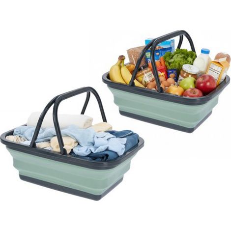 Panier à linge/panier de courses - Lot de 2 - pliable - avec poignée - plastique - 30 L - vert - 38 x 28 x 15 cm - panier de courses (1/4)