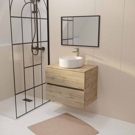 Mobile da bagno 70 cm TIMBER Decor Rovere con 2 Cassetti Lavabo bianco da appoggio e Specchio 70x50