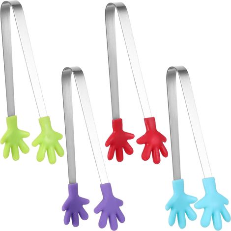 Silicone Tongs 4 Pack 5 in Mini Hand Shaped Tongs for Kids Colorful Kitchen Tongs for Serving Food Cooking Appetizers Ice Cubes Fruit Sugar (Purple, Red, Blue, 4 Pack) (1/5)