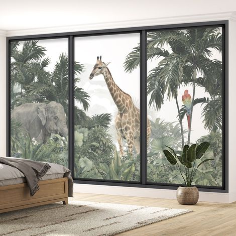 Papier peint panoramique Trompe l'oeil baie vitrée - Animaux de la jungle - 130 cm x 78 cm (1/5)