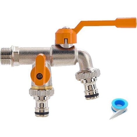 Robinet de jardin double en laiton 1/2" - Double sortie - Antirouille et antigel - Robinet à double sortie avec 2 raccords d (1/5)