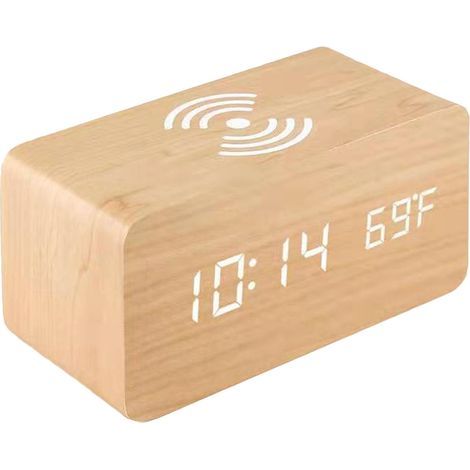 Wooden digital alarm clock with LED electronic time display for bedroom, 10W wireless charging, 3 alarm settings, date and temperature display, yellow (1/5)