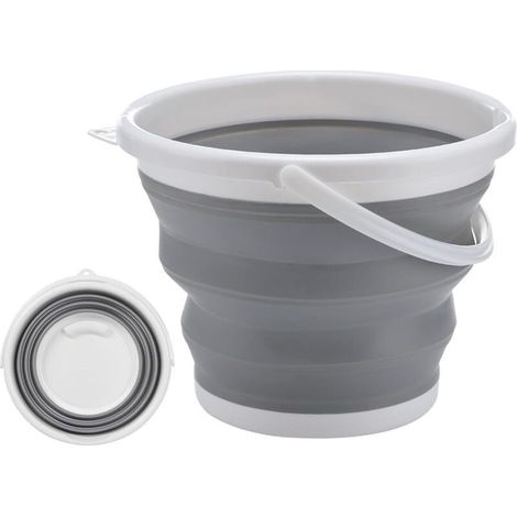 Seau pliable en silicone - Seau de 10 L avec poignée - Seau pliable multifonction pour le camping, la lessive, le nettoyage des vitres et les activités de plein air (gris) (1/4)