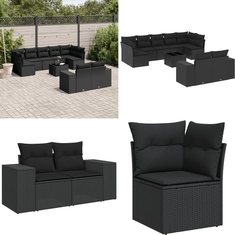 10-tlg. Garten-Sofagarnitur mit Kissen Schwarz Poly Rattan - Gartenmöbel - Esszimmergarnitur - Rattan Möbel - Outdoor Möbel - Lounge Set - Home & Living (1/5)