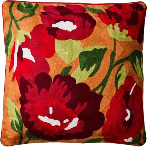 Coussin décoratif brodé fleurs rouges sur fond orange 50x50 cm Nuru