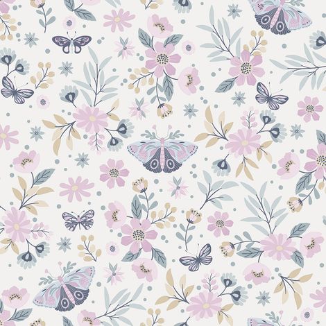 Papier peint floral papillons fond crème lilas (1/2)