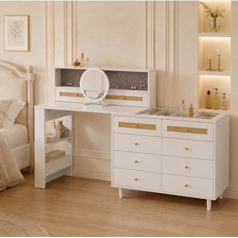 Toeletta con specchio, 105x50x107,5 cm, 10 cassetti, vano portaoggetti per gioielli e piano in vetro, MDF bianco (1/5)