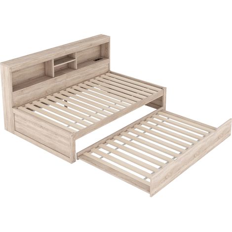 Letto da giorno 90 x 200 cm naturale con LED, letto estraibile, vano laterale, presa e USB (1/5)