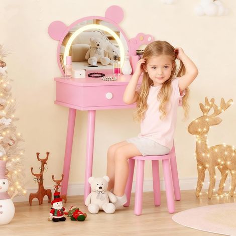Coiffeuse pour Enfants en Bois avec Miroir Ours Lumineux LED et Tabouret - Table de Maquillage Princesse avec Tiroirs de Rangement pour Filles