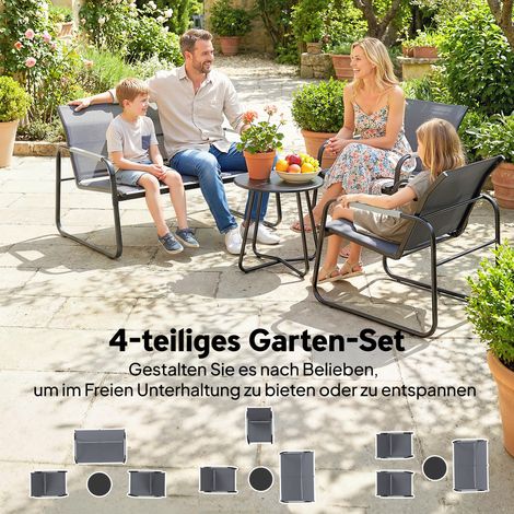 Ensemble de salon de jardin 4 places, canapé 2 places, 2 fauteuils, table ronde et repose-pieds, rotin synthétique en corde tressée. (1/4)