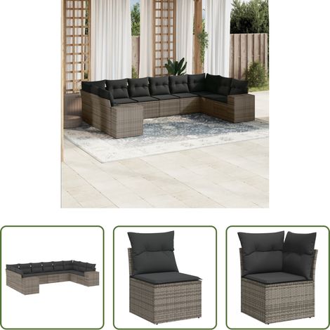 vidaXL Canapé en résine - Salon de jardin avec coussins 10 pcs gris résine tressée (1/5)