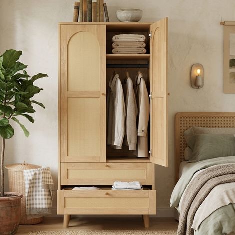 Armoire dressing 80x50x180 cm effet bois naturel avec penderie, étagères et 2 tiroirs, garde-robe design rotin (1/5)