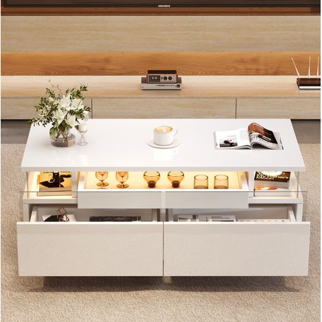 Couchtisch 90 x 45 x 35,5 cm mit 2 Schubladen, LED, Weiß HAVRYA (1/5)