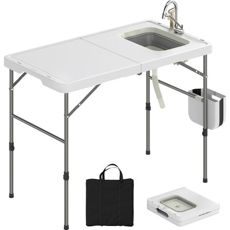 Table de nettoyage de poisson pliante avec hauteur réglable, évier, robinet, tuyau, panier pliant, fentes et sac (1/5)