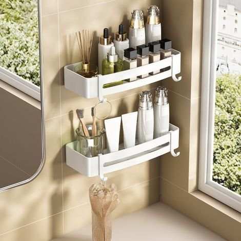 Lot de 2 étagères de salle de bain en aluminium avec crochets, 33×15×6 cm, sans perçage, rangement pratique (1/3)