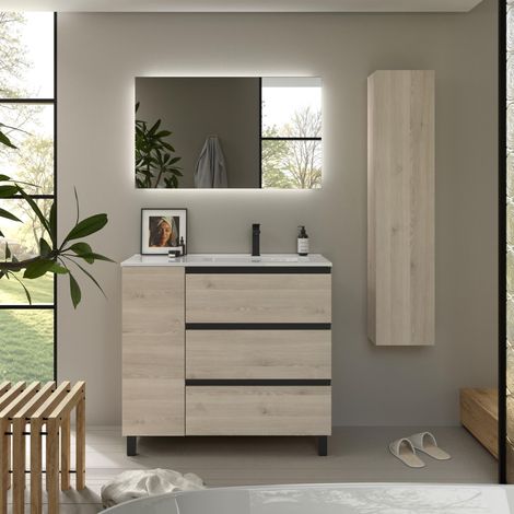 Mueble de Baño BEQUIA PLUS METAL 3C 90cm Natural Lavabo Porcelana grifo derecha (1/5)