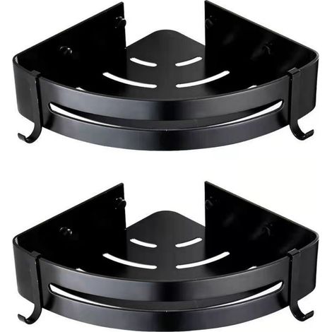 Étagère d’angle de douche sans perçage, panier mural double niveau en métal noir (1/5)