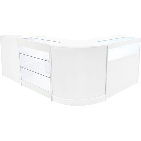 Set Mostradores Comerciales "POLARIS"   Blanco CM60 + B900 + K900 + TB60 MDF y vidrio templado  Estantes y puertas corredizas con cerradura  Fácil Montaje  Mostrador Recepción Expositor Comercial Mesa
