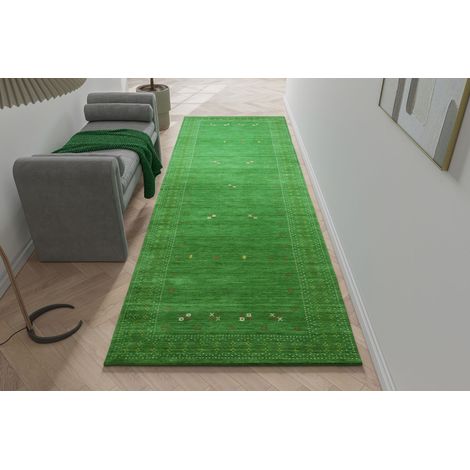 Tapis Loribaft tissé Tapis LuxeWeave - Tapis en laine  - 300x80cm, Rectangular - 100% Laine vierge - Tissé main - Vert