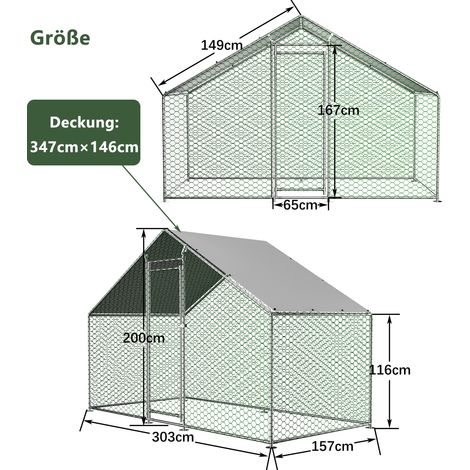 Poulailler en enclos de libre circulation 3x1,5x2m avec serrure de sécurité et toile en PE étanche, enclos pour petits animaux en métal pour poules, lapins et autres petits animaux (1/5)