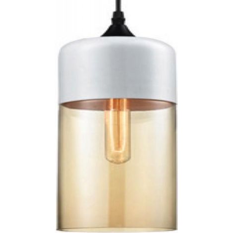 Lampe Suspendue - Diamètre 130 Mm - Hauteur Abat-Jour 335 Mm - Câble 1000 Mm - Douille E27 - Métal Et Verre - Blanc Mat Et Verre Ambré - 1 Pièce
