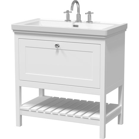 Balterley Coppenhall Bathroom Floor Standing 1 Drawer Vanity & 3 Tap Hole Basin, Pure White, 830mm (1/4)