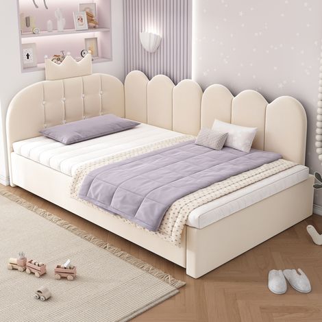 Letto da giorno a L in velluto beige 90x200 cm con letto estraibile 90x190 cm, testiera corona e rete a doghe